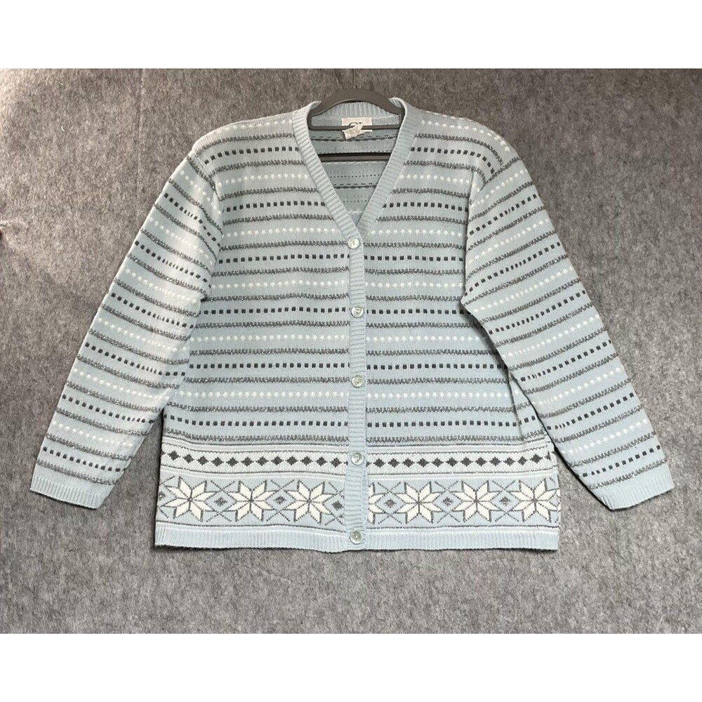 Vintage Cricket Lane Cardigan Sweater Womens Large Blue Fair Isle Snowflake Xmas